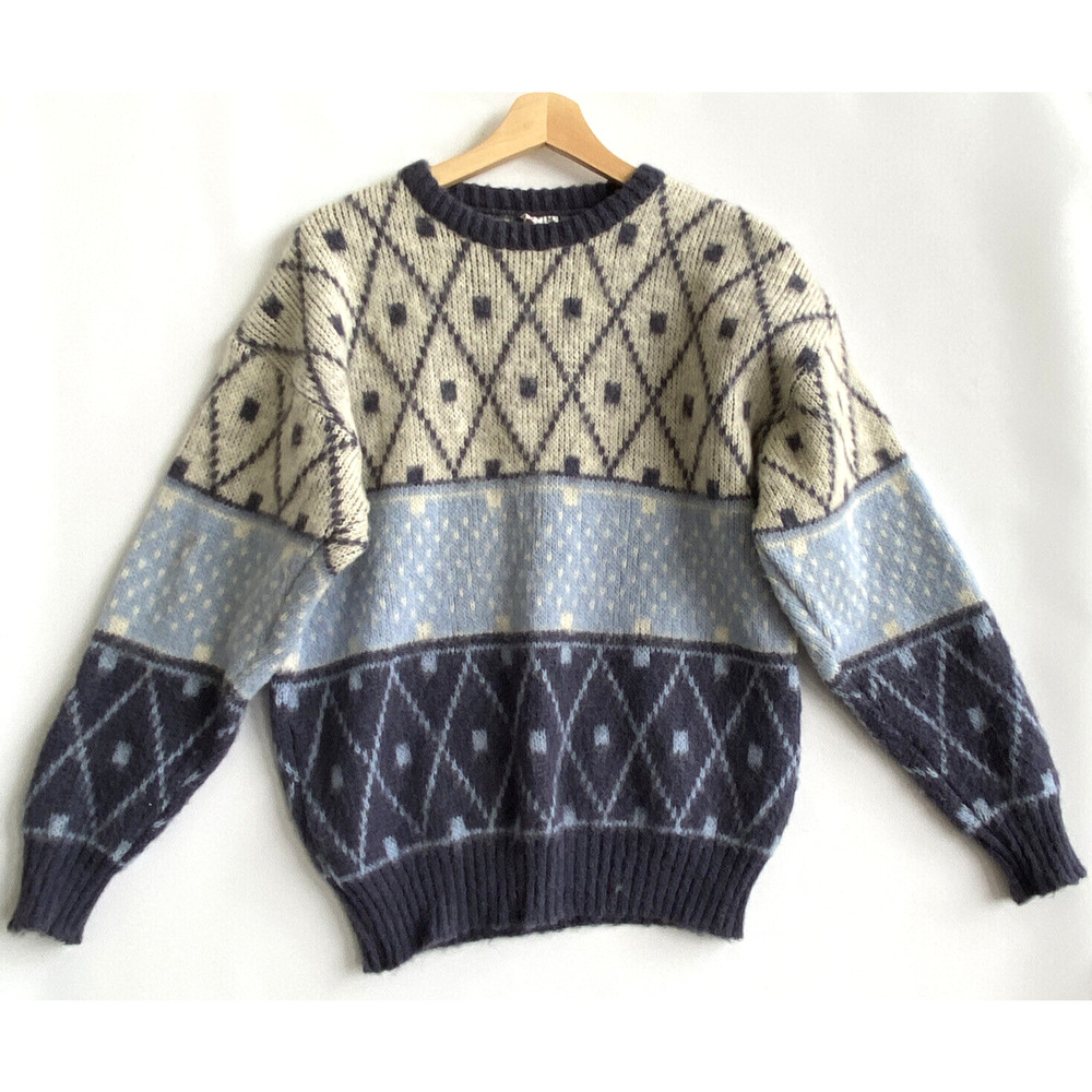 ALAFOSS ICEWOOL Vintage Fair Isle Wool Knit Sweater Blue/Gray Size M